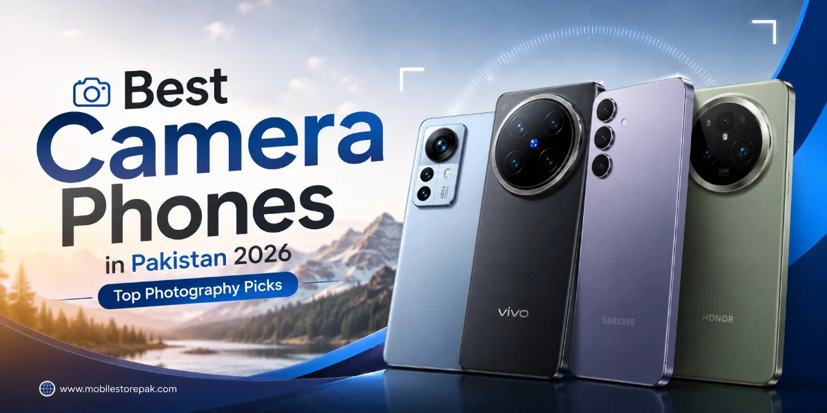 Best camera phones in Pakistan 2026 showing smartphones with high quality cameras and photography setup