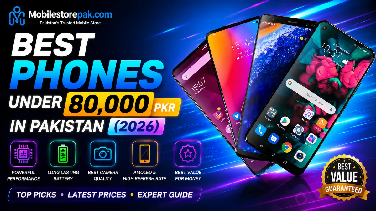 Best smartphones under 80000 in Pakistan showing modern mid-range phones